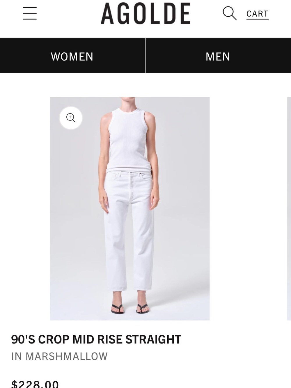 Agolde 90's Crop Mid Rise Straight Jeans in White